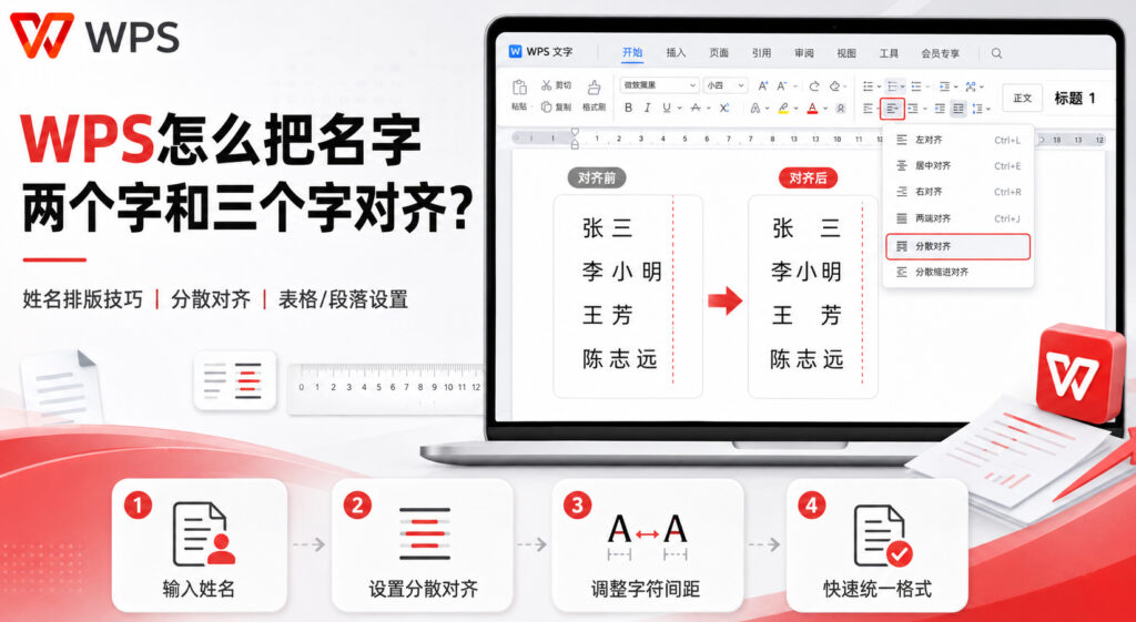 WPS怎么把名字两个字和三个字对齐